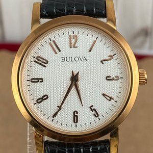 Bulova Rose Gold Watch Stunning White Guilloche Dial Black Lizard Embossed Strap